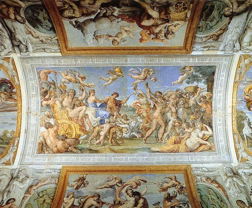 Triumph of Bacchus and Ariadne depicted in the center of The Loves of the Gods