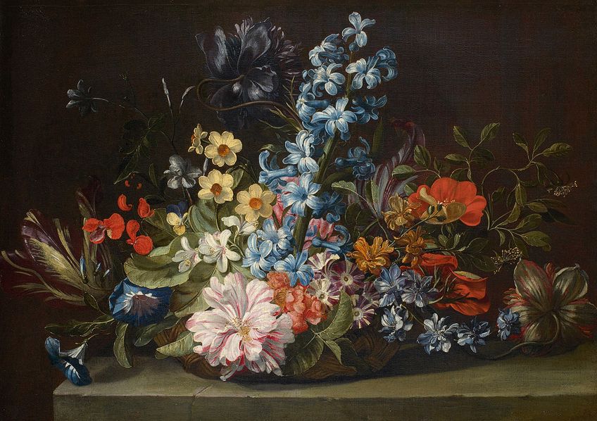 An Elaborate Basket of Flowers and a Tazza with Grapes