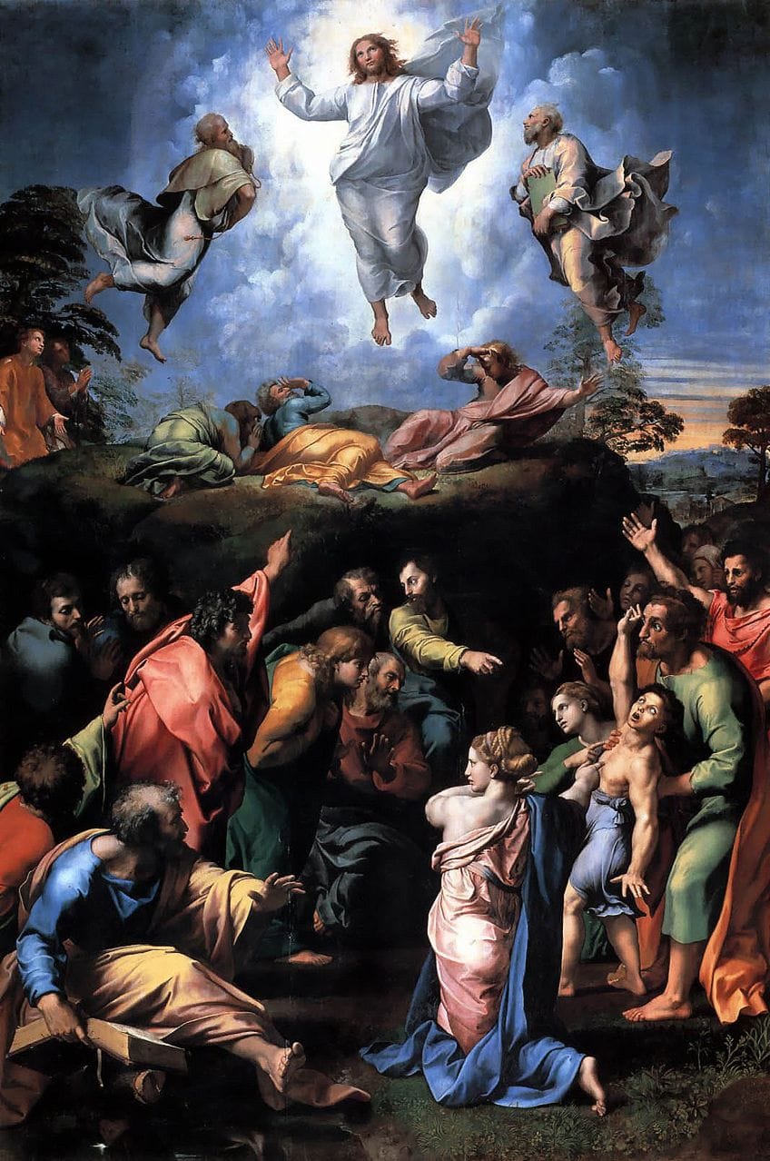 The Transfiguration (1520) by Raphael, unfinished at his death; Raphael, Public domain, via Wikimedia Commons