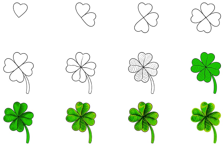 How to Draw a Four Leaf Clover Tutorial Video and Coloring Page