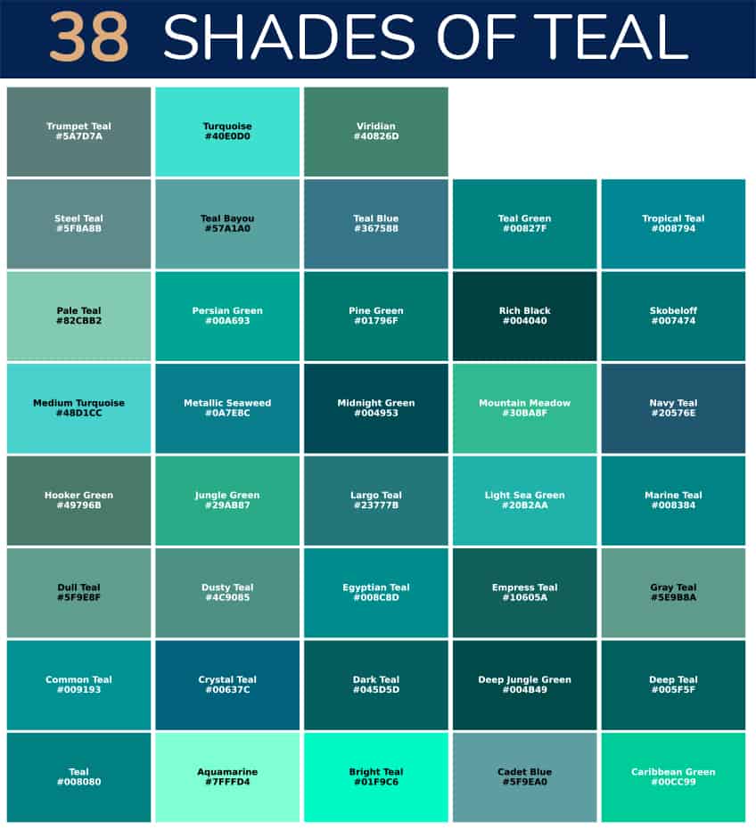 shades of teal with color names and hex codes