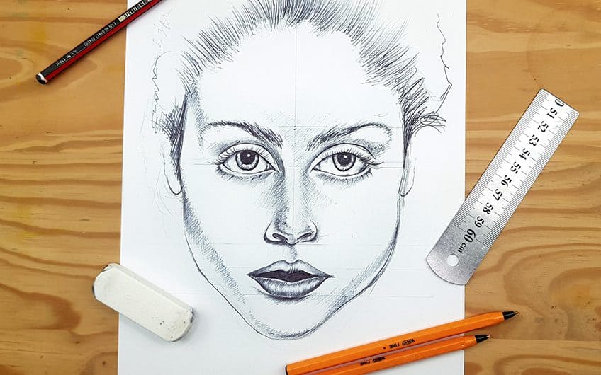Sketch girls face serious eyes looking down Vector Image