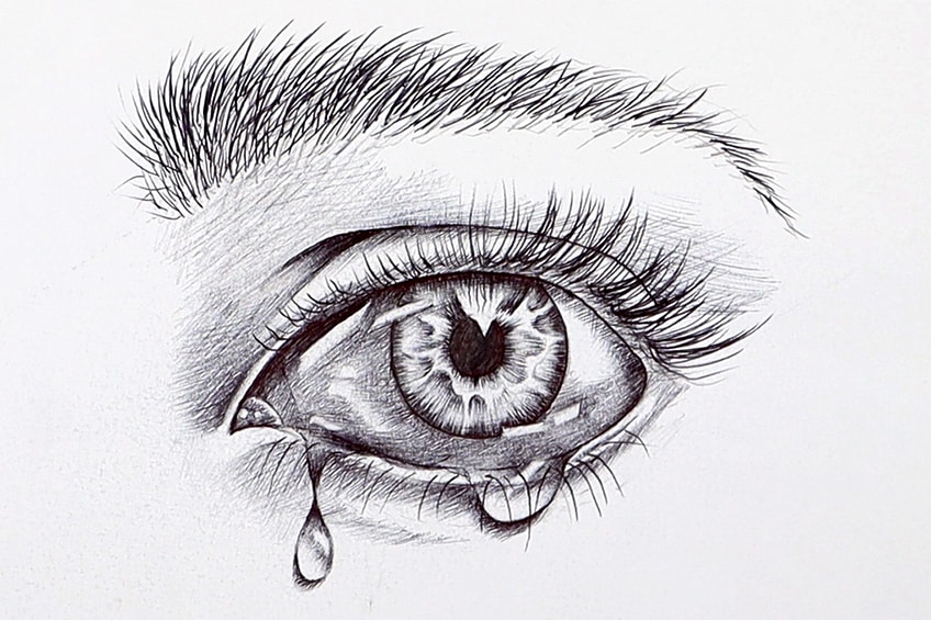 Black and white illustration of a crying eye with a tear shaped like a dove  and an olive tree on Craiyon