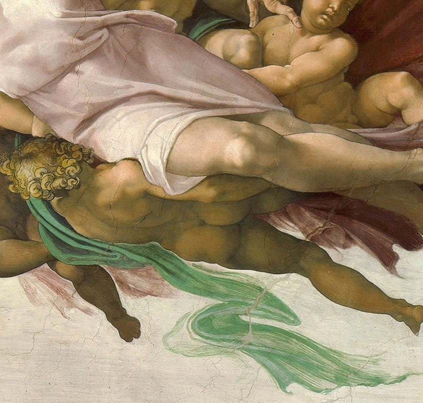 I was reading a Jojo's and saw references to Renaissance work. The left it  is referencing The Creation of Adam, though I can't put my finger on the  right one. If anyone