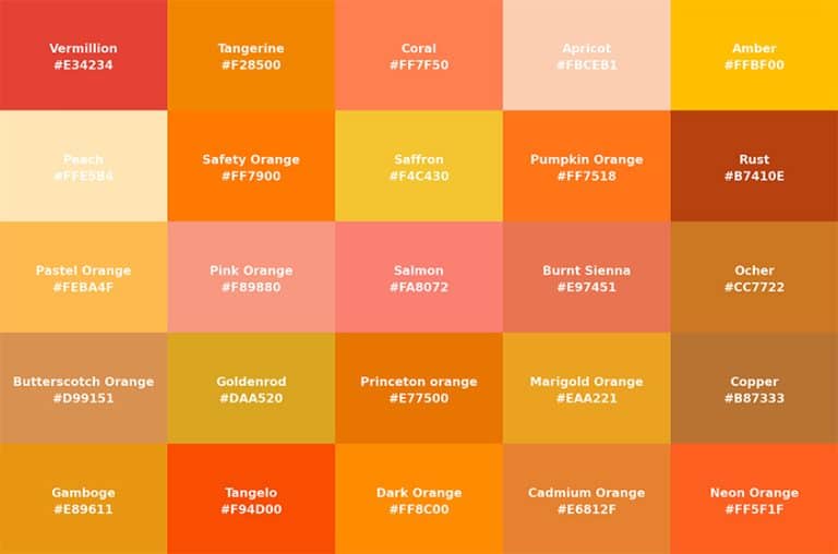 Shades of Orange - 100 Tones Including All Color Codes