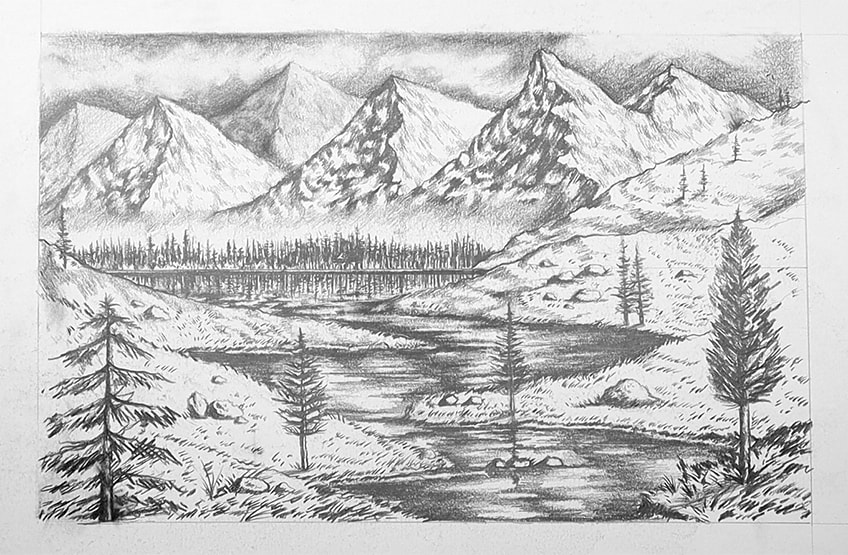 Pencil drawing of Mountain landscape on paper - Video tutorial – Cristina  is Painting