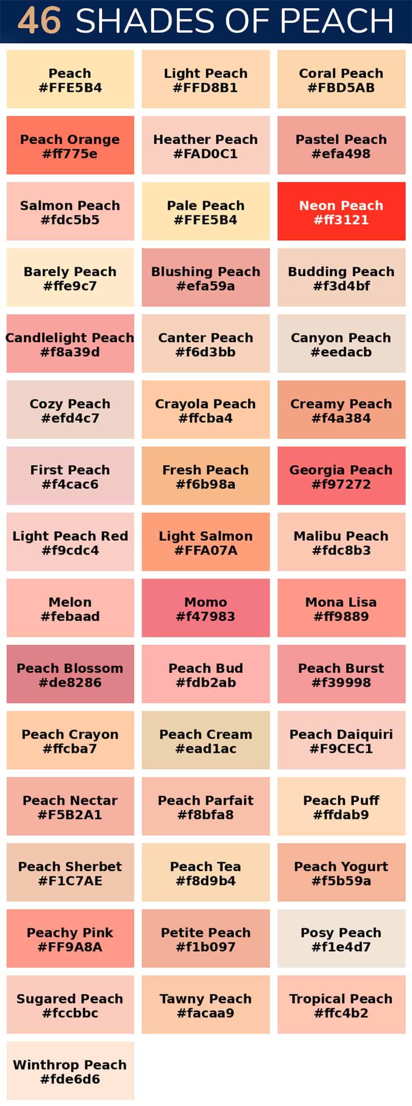 shades of peach color names and hex codes