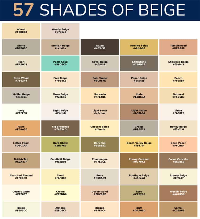 shades of beige with color names and hex codes