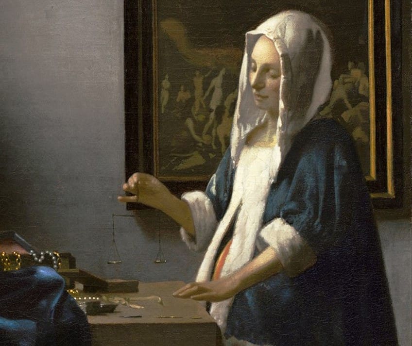 Subject in Woman Holding a Balance by Johannes Vermeer