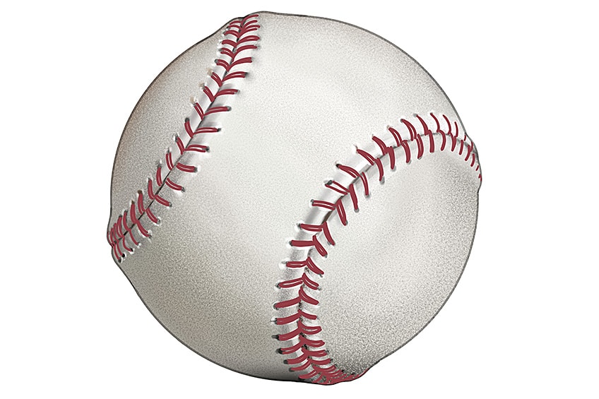 Baseball ball realistic, logo, icon in white leather with red