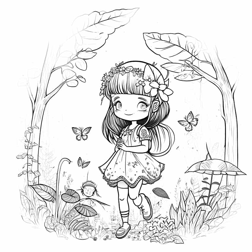 cute fairy in forest coloring page