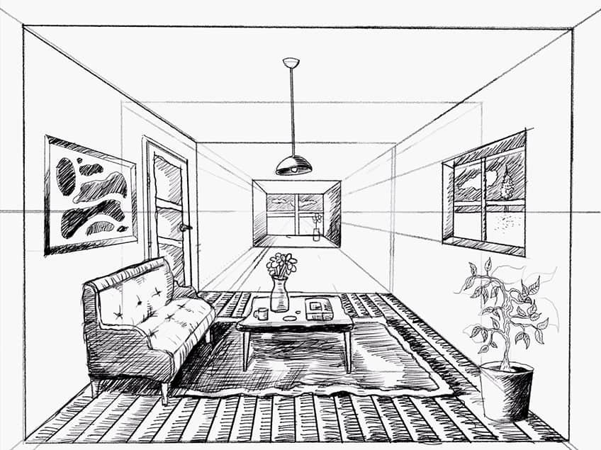 Easy How to Draw a One Point Perspective Room & Coloring Page