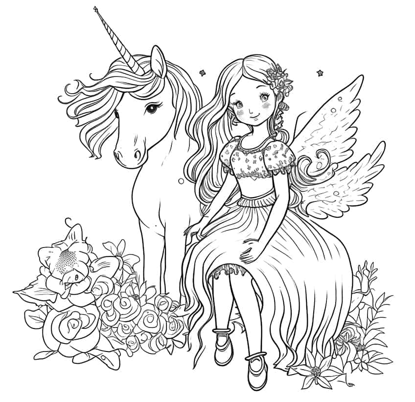 fairy with unicorn coloring page