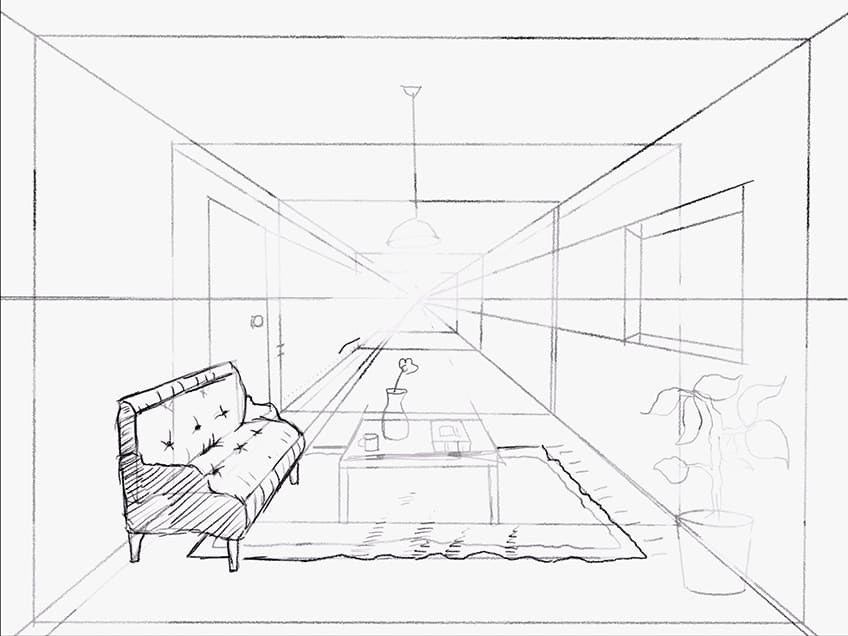 Living Room One Point Perspective Drawing