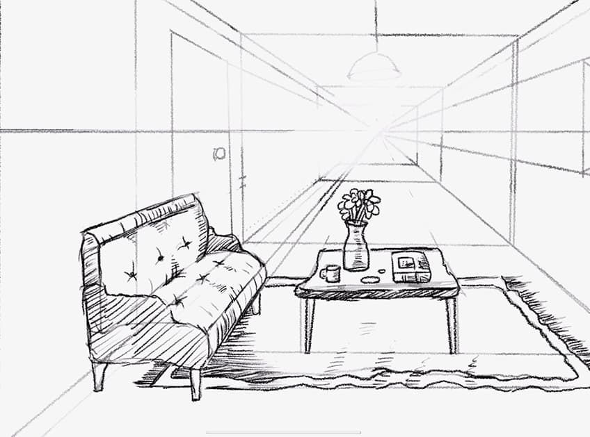 How to draw a living room in one point perspective 