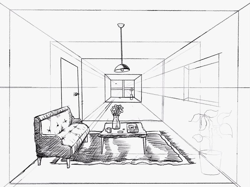 How to draw a living room in one point perspective step by step for  beginners - YouTube