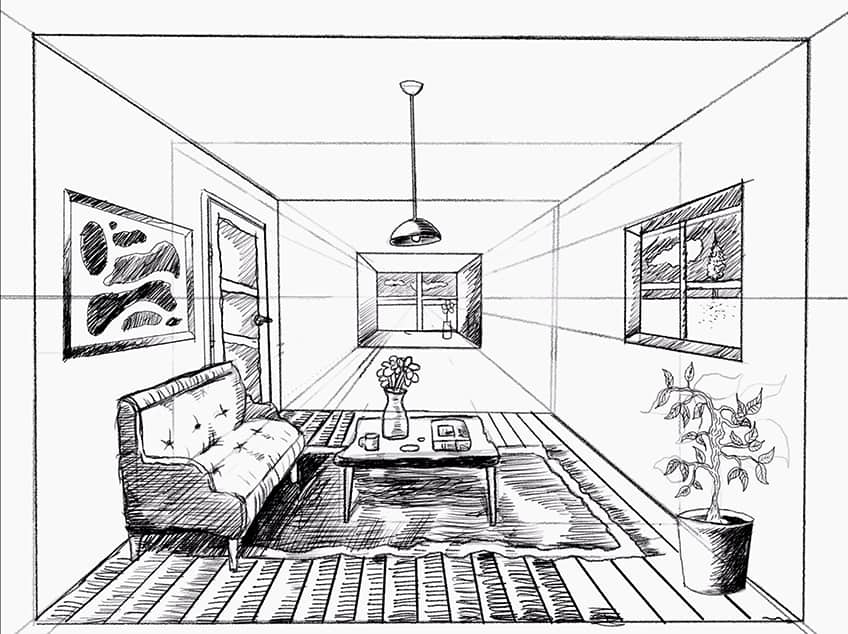 A little 5 point perspective drawing I made of my room. Feedback very  appreciated! : r/sketches