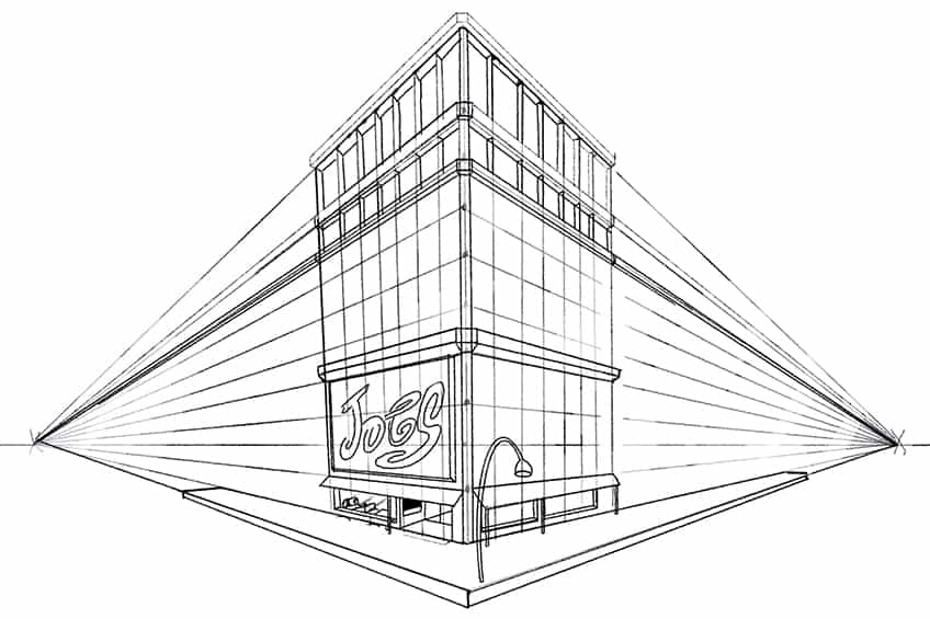 2 point perspective buildings sketch