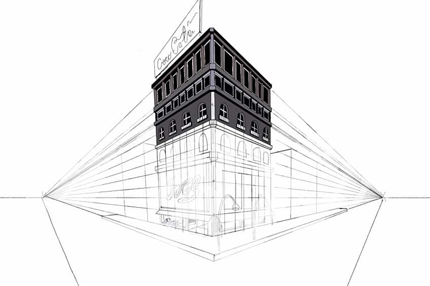 2 point perspective buildings sketch