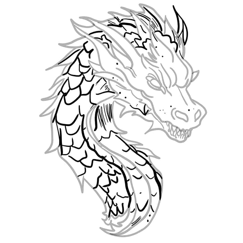 line drawings of dragon heads