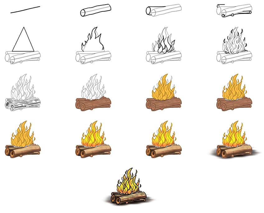 how to draw a fire with wood