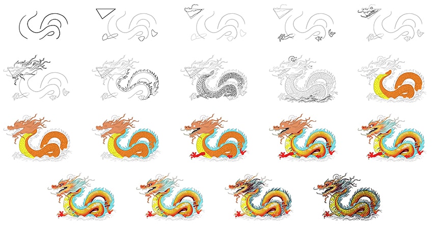 chinese dragon drawing collage