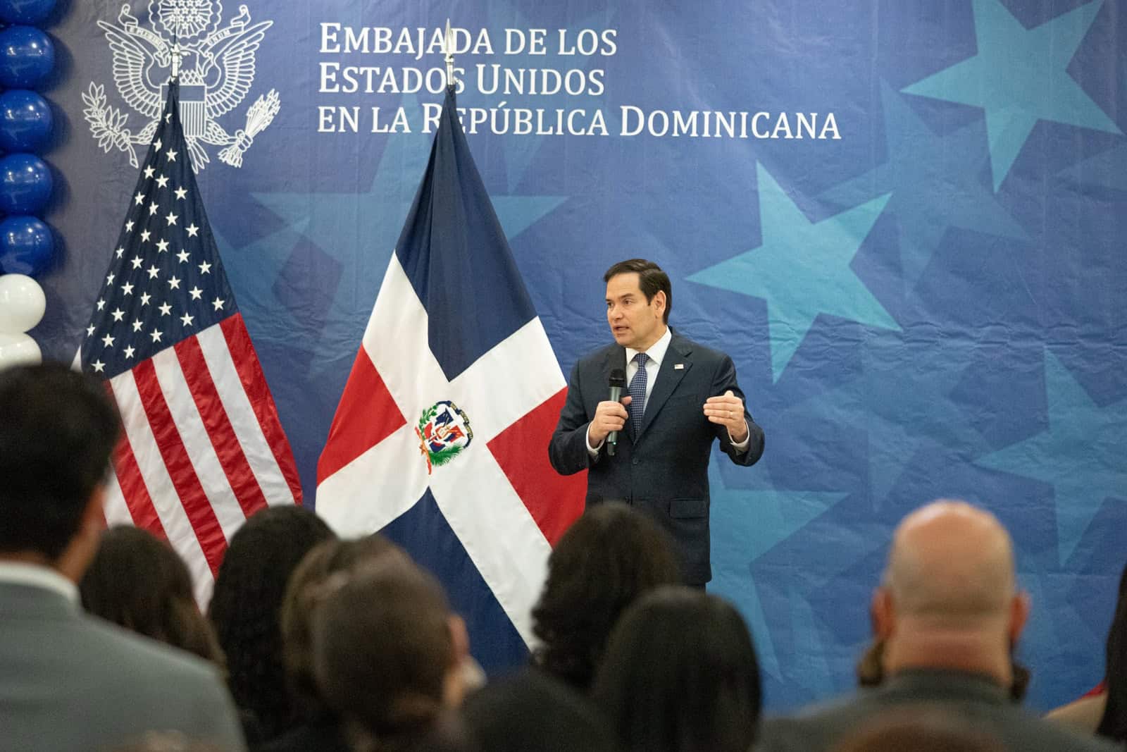 Secretary of State Marco Rubio greets staff and family members at the United States embassy in Santo Domingo in February 2025.