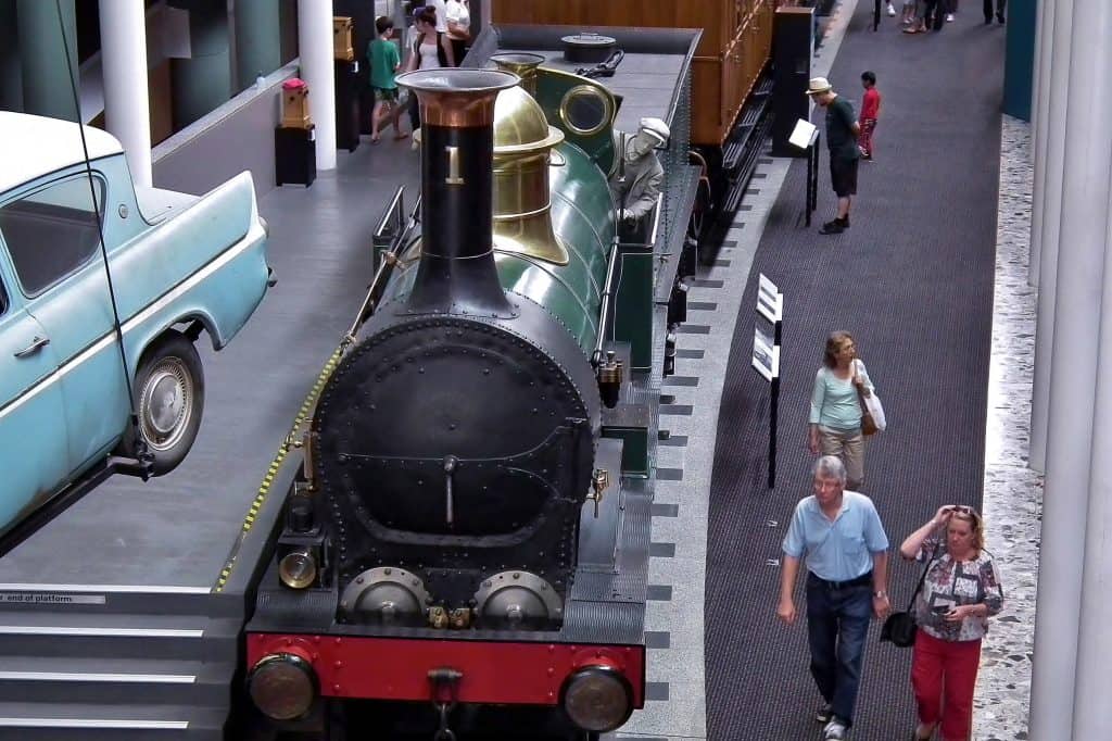 The 1854 New South Wales Steam Locomotive No. 1 stands on display inside the Powerhouse Museum.