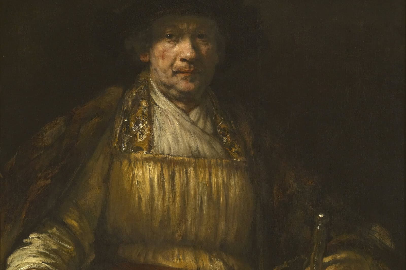 Rembrandt’s 1658 self-portrait, showing the artist in a beret and heavy brown garment.