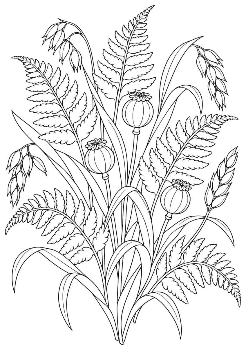 Coloring page with fern fronds, grasses and poppy seed pods