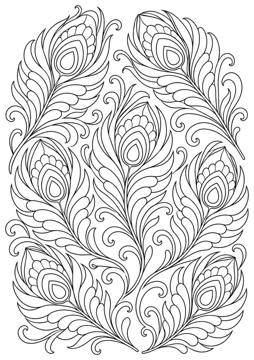 Coloring page with seven ornate peacock feathers and curling plumes