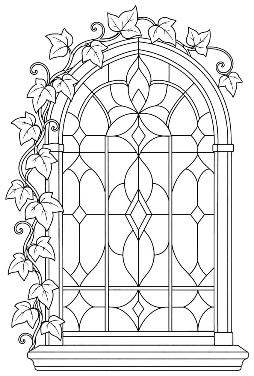 Coloring page: arched stained glass window framed by climbing ivy leaves