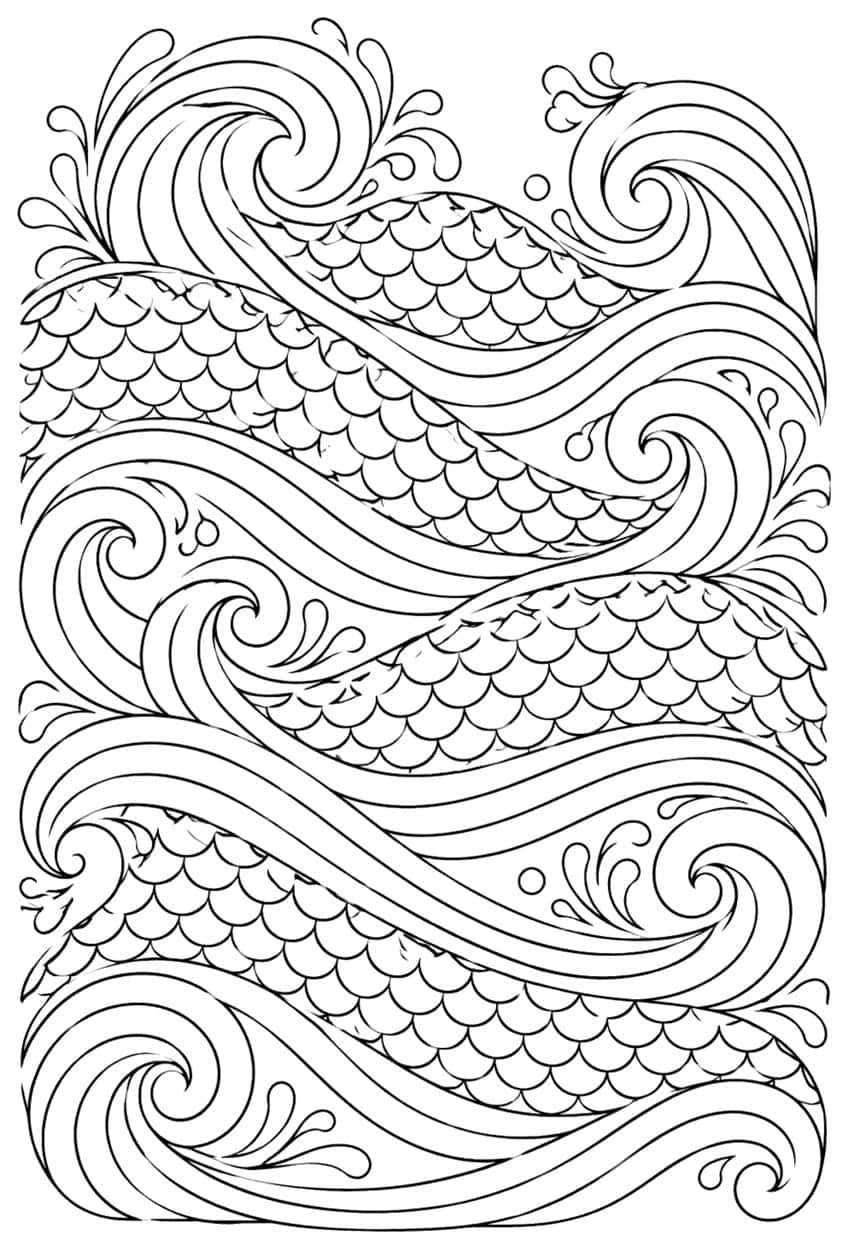 Coloring page of curling ocean waves with fish scale crests and spirals