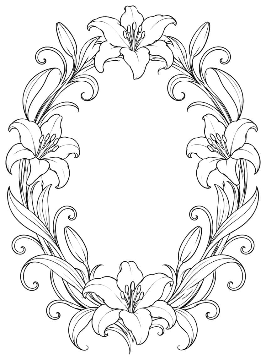 Oval wreath of lily blossoms, buds and curling tendrils, blank centre