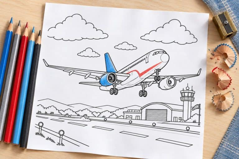 airplane coloring page partly colored in with pencils