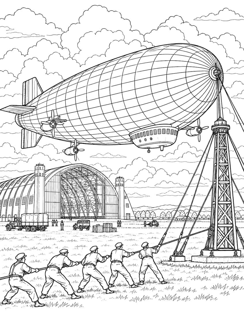 Airship tied to a mooring mast as a ground crew pulls a rope in front of a large hangar