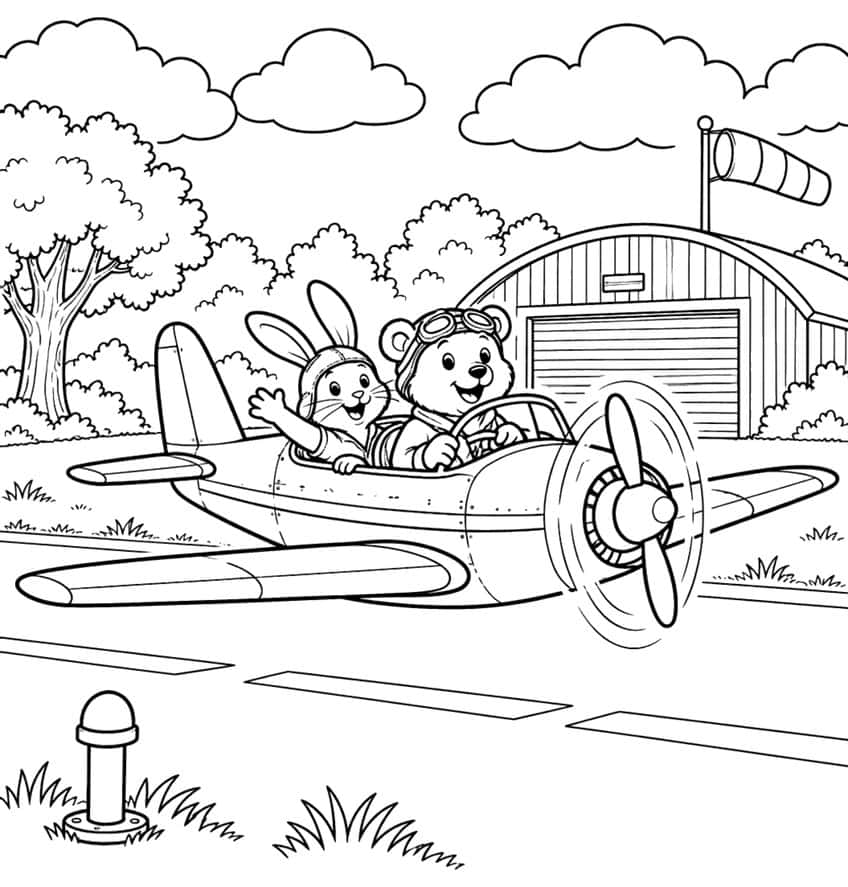 Coloring page of a bear and a bunny flying a propeller plane past a hangar