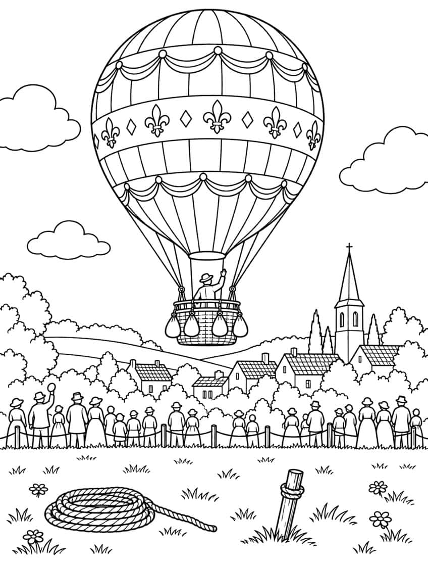 Coloring page of a hot air balloon with a waving pilot rising above a crowd and a village