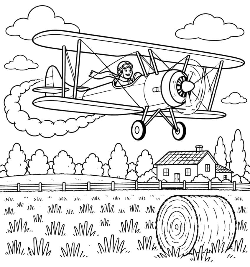 Coloring page of a pilot flying a biplane over a farmhouse, fence and hay bale