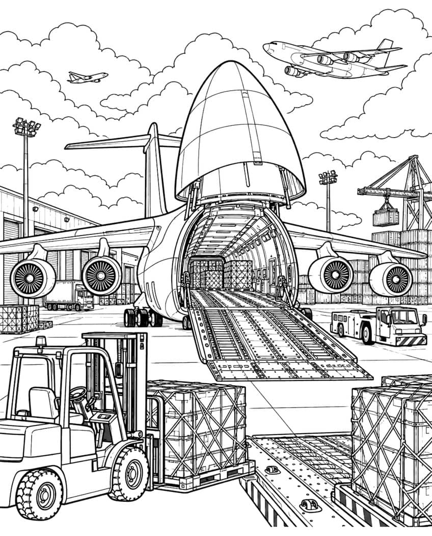 Coloring page of a cargo plane with its nose open, a loading ramp, a forklift and crates