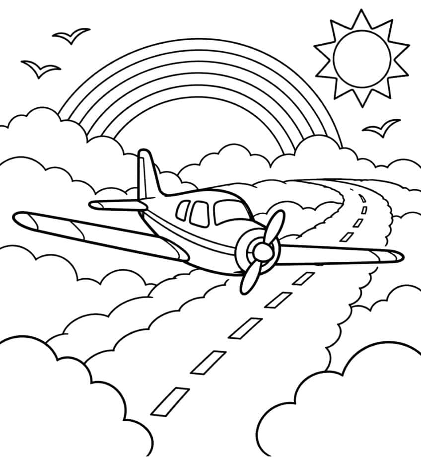 Coloring page of a propeller plane over a road through the clouds, with a rainbow, sun and birds