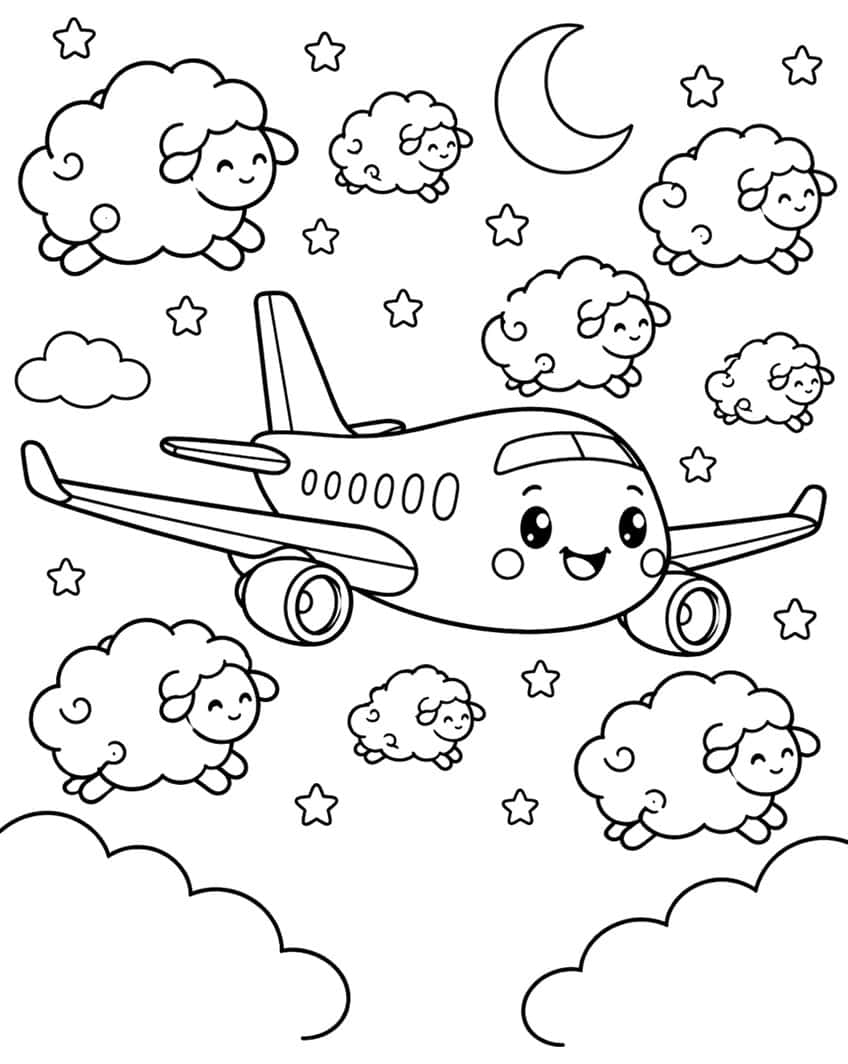 Coloring page of a smiling airplane flying among fluffy sheep, stars and a crescent moon