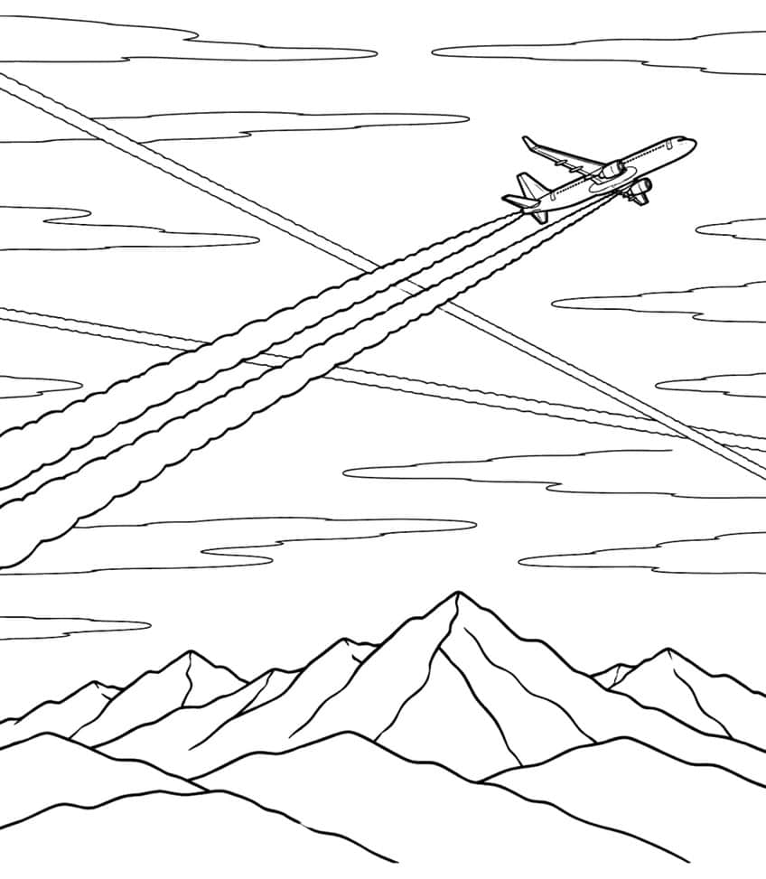Coloring page of a jet leaving puffy contrails above a mountain range