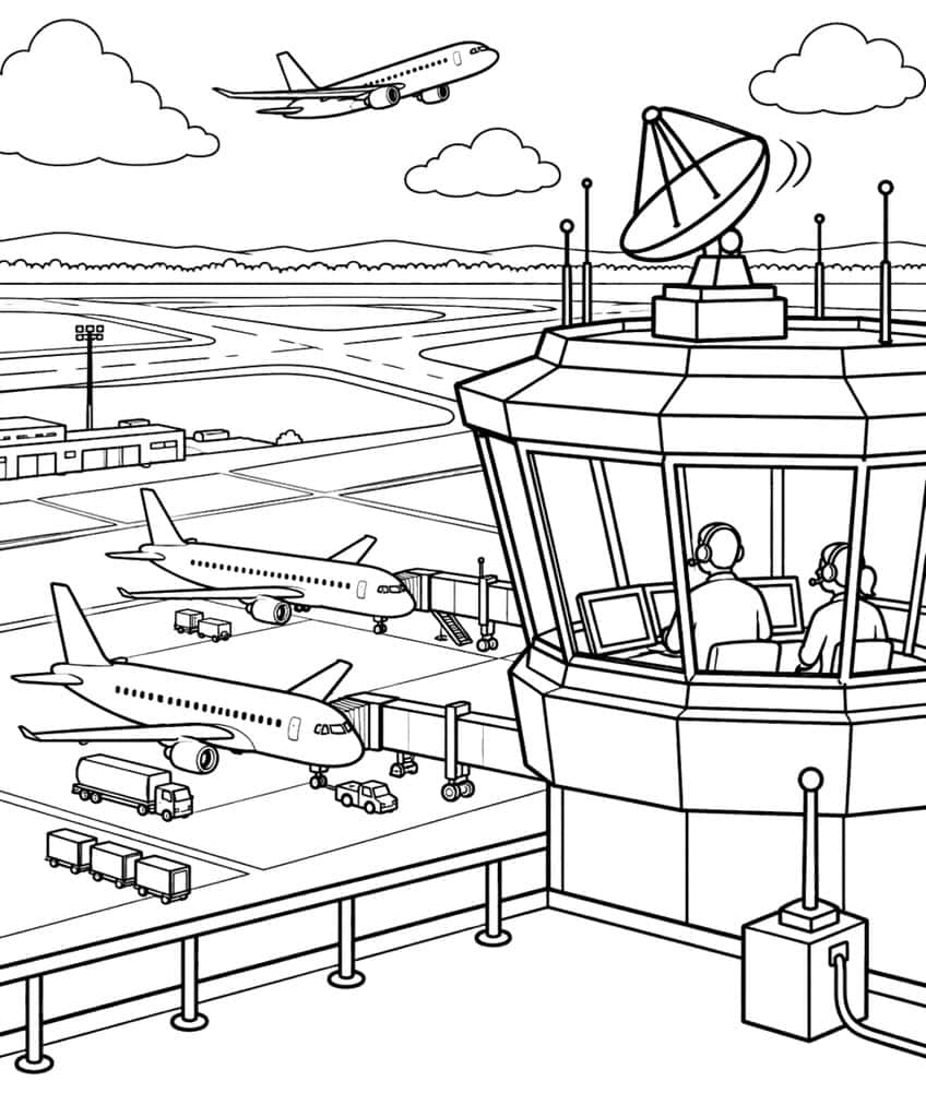 Coloring page of an airport control tower with controllers, parked jets at the gates and a plane taking off