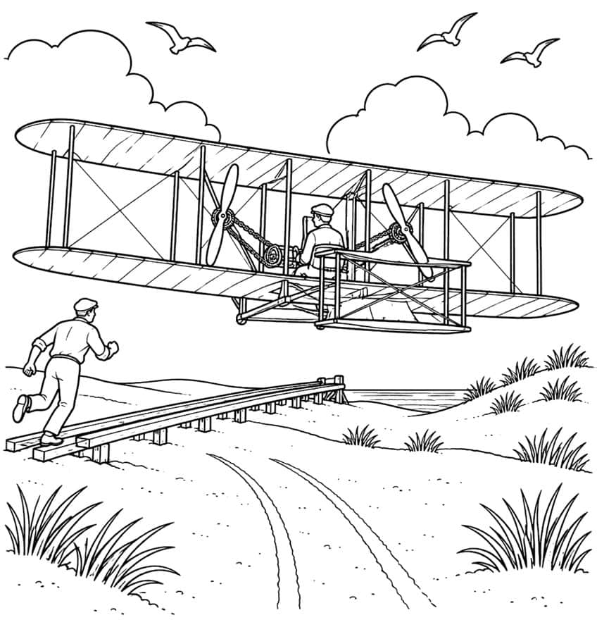 Coloring page of an early biplane taking off from a wooden rail over dunes as a man runs after it