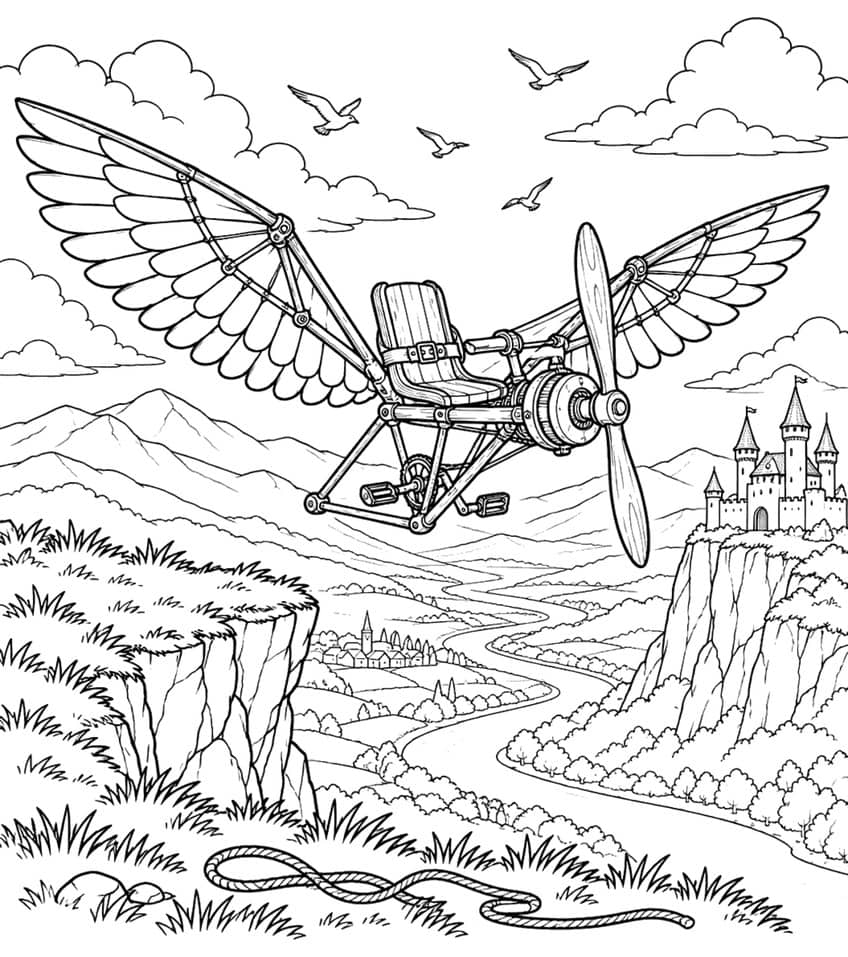 Coloring page of a winged pedal flying machine above a valley with a castle and river