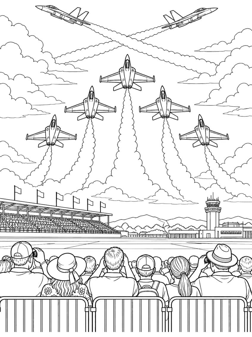 Coloring page of jets flying in formation over an air show crowd and a control tower