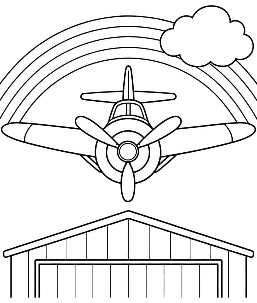Coloring page of a propeller plane seen from the front, flying under a rainbow above a hangar