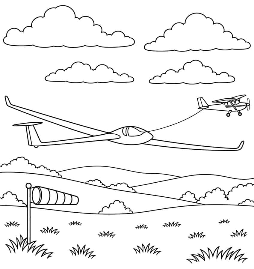 Coloring page of a glider towed by a small propeller plane over rolling hills