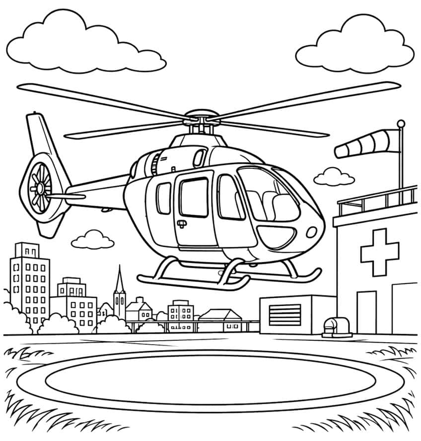 Coloring page of a helicopter landing on a helipad beside a hospital, with a city skyline behind